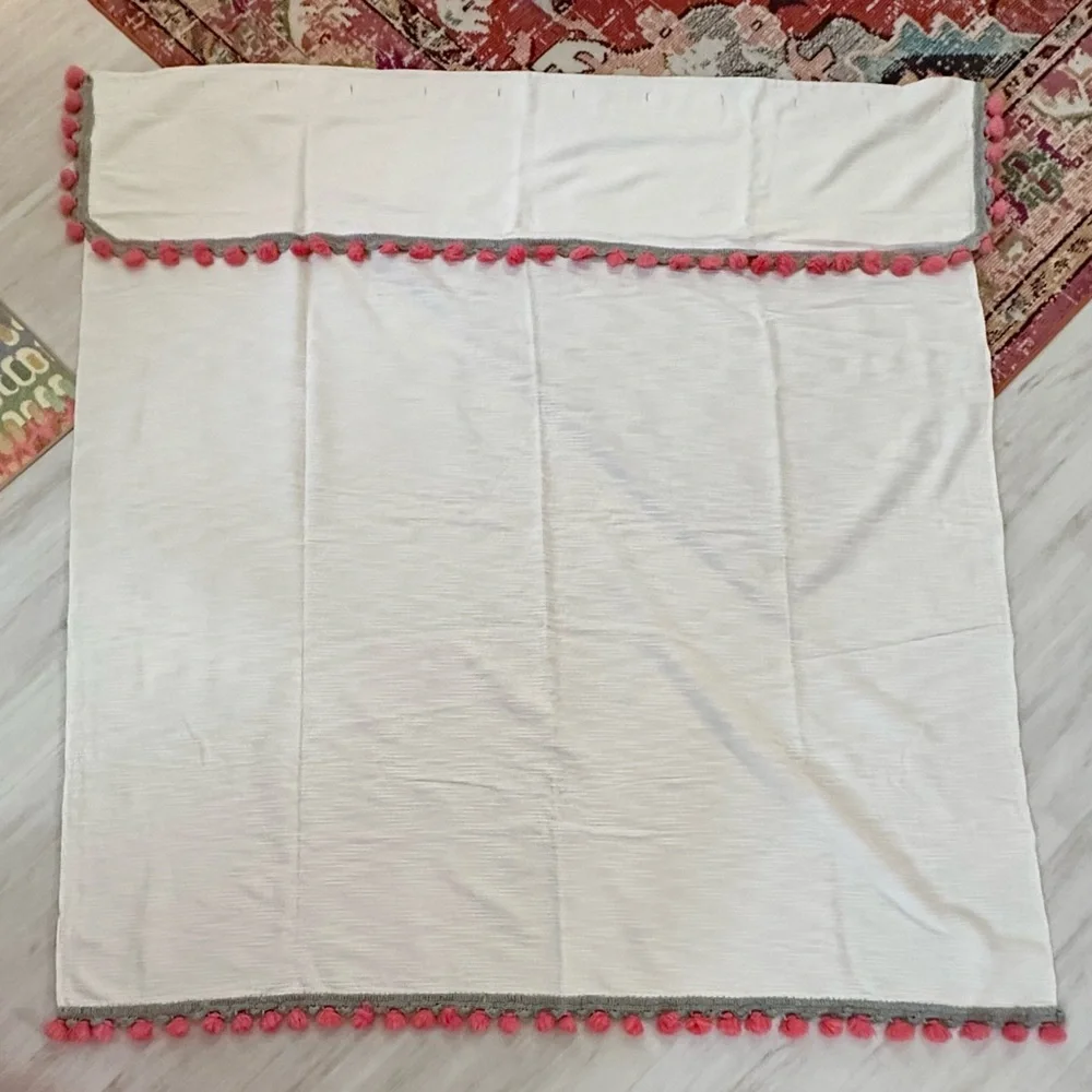 Anthropologie Cream Shower Curtain with Coral Pom-Pom Trim